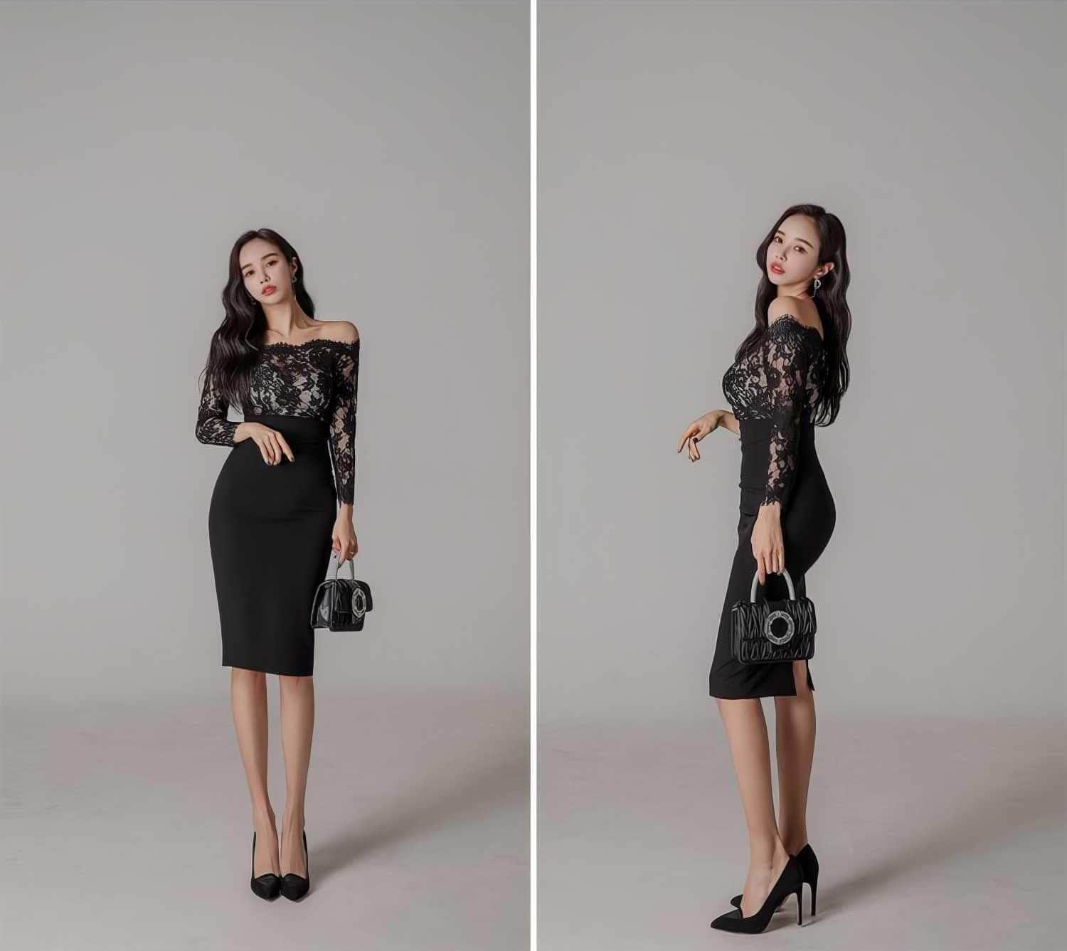 Off-shoulder Lace Long Sleeves Slim Fit Dress