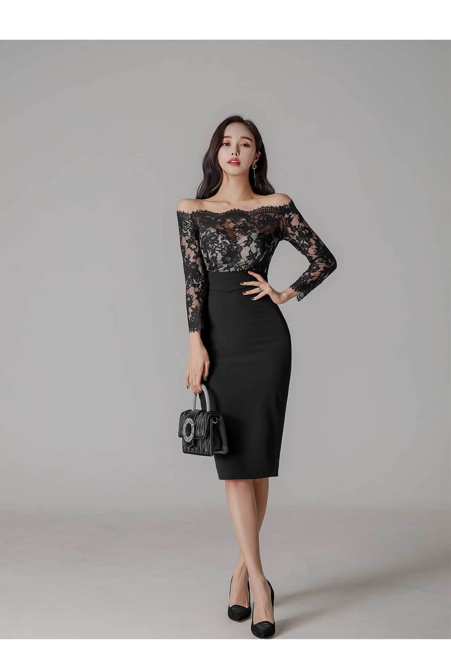 Off-shoulder Lace Long Sleeves Slim Fit Dress