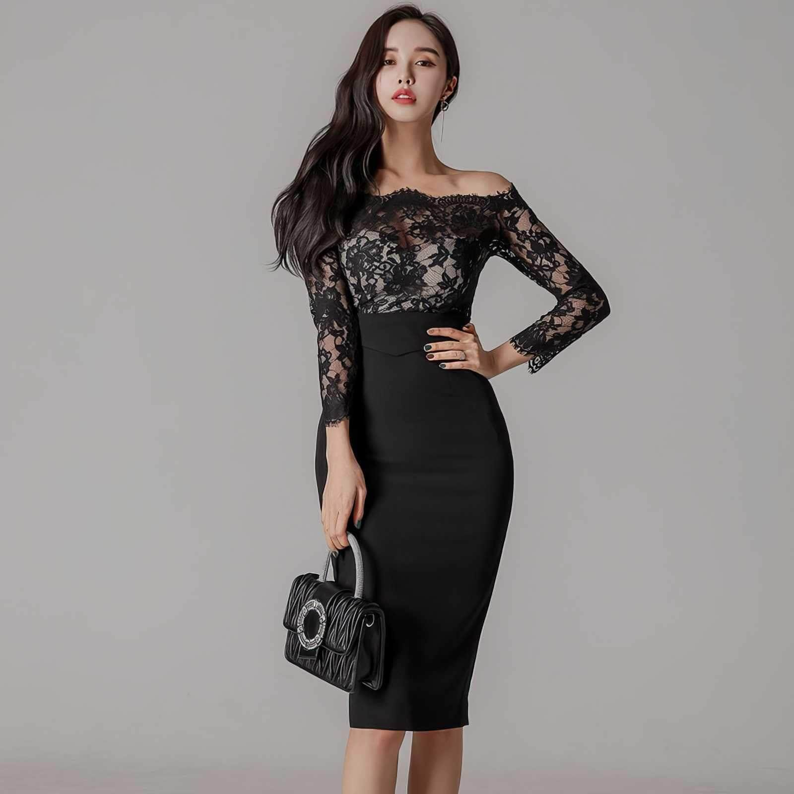 Off-shoulder Lace Long Sleeves Slim Fit Dress