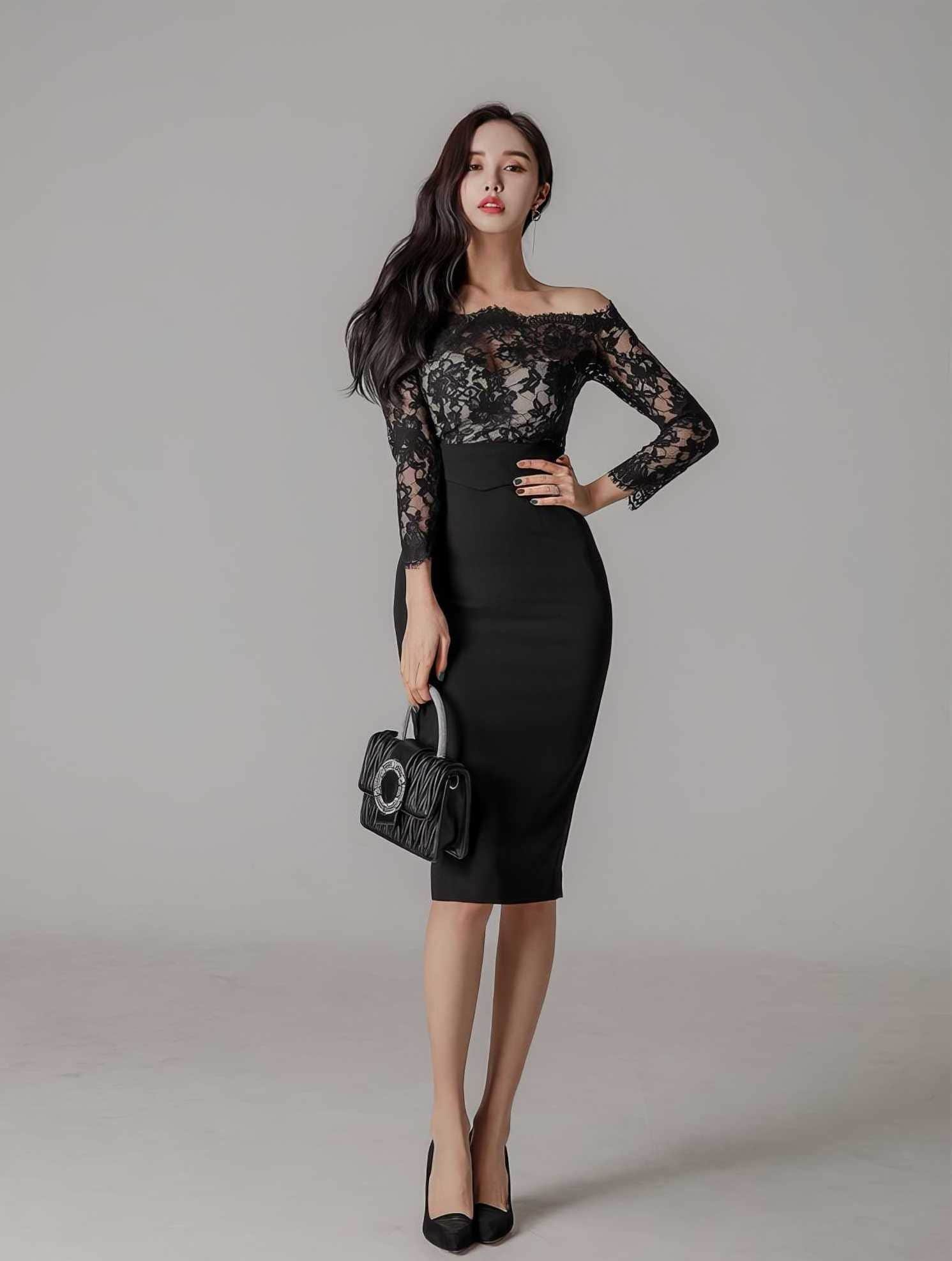 Off-shoulder Lace Long Sleeves Slim Fit Dress