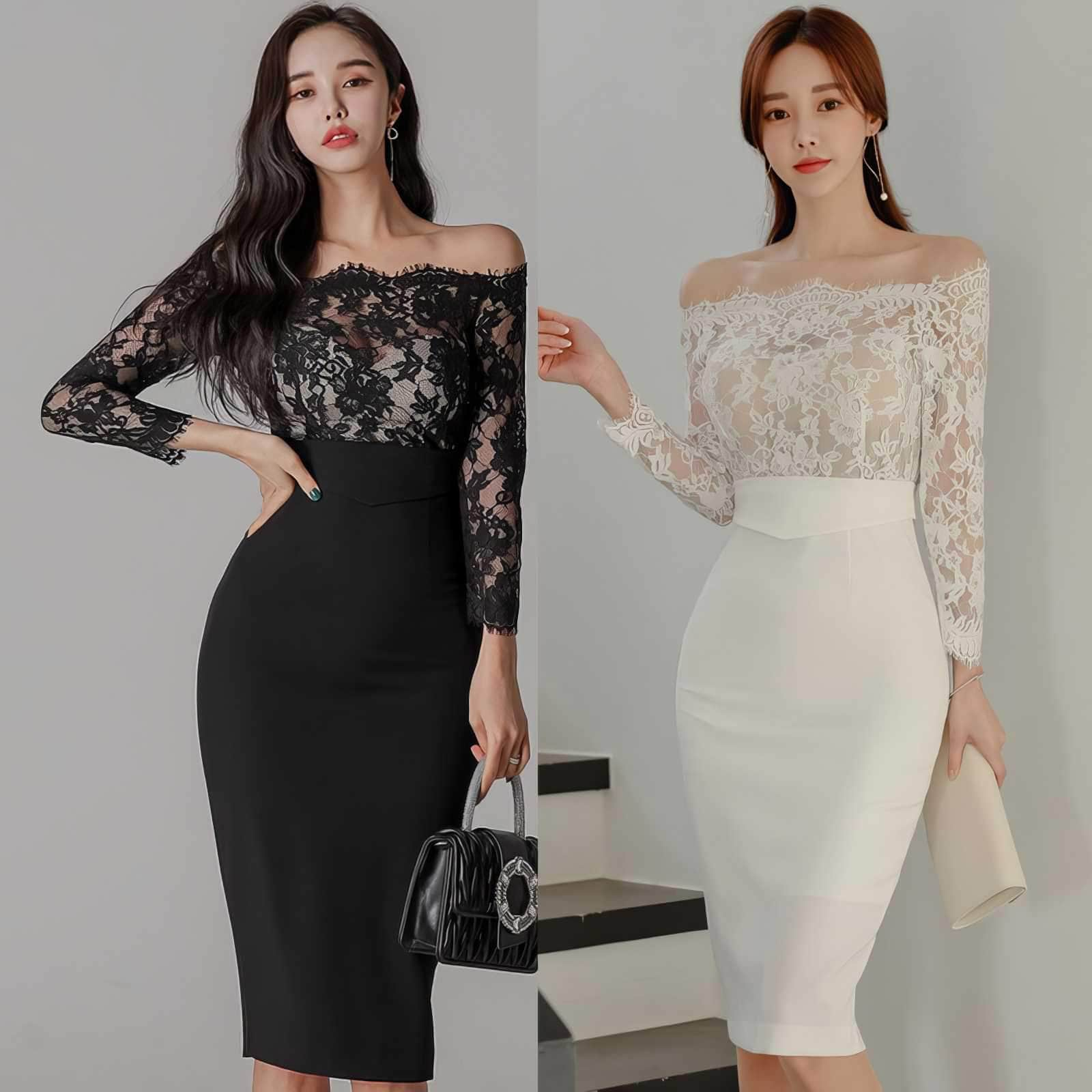 Off-shoulder Lace Long Sleeves Slim Fit Dress