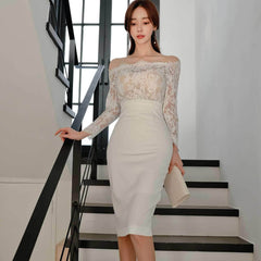 Off-shoulder Lace Long Sleeves Slim Fit Dress