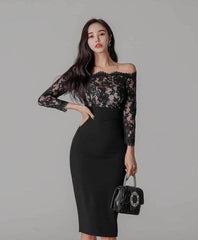 Off-shoulder Lace Long Sleeves Slim Fit Dress S / Black