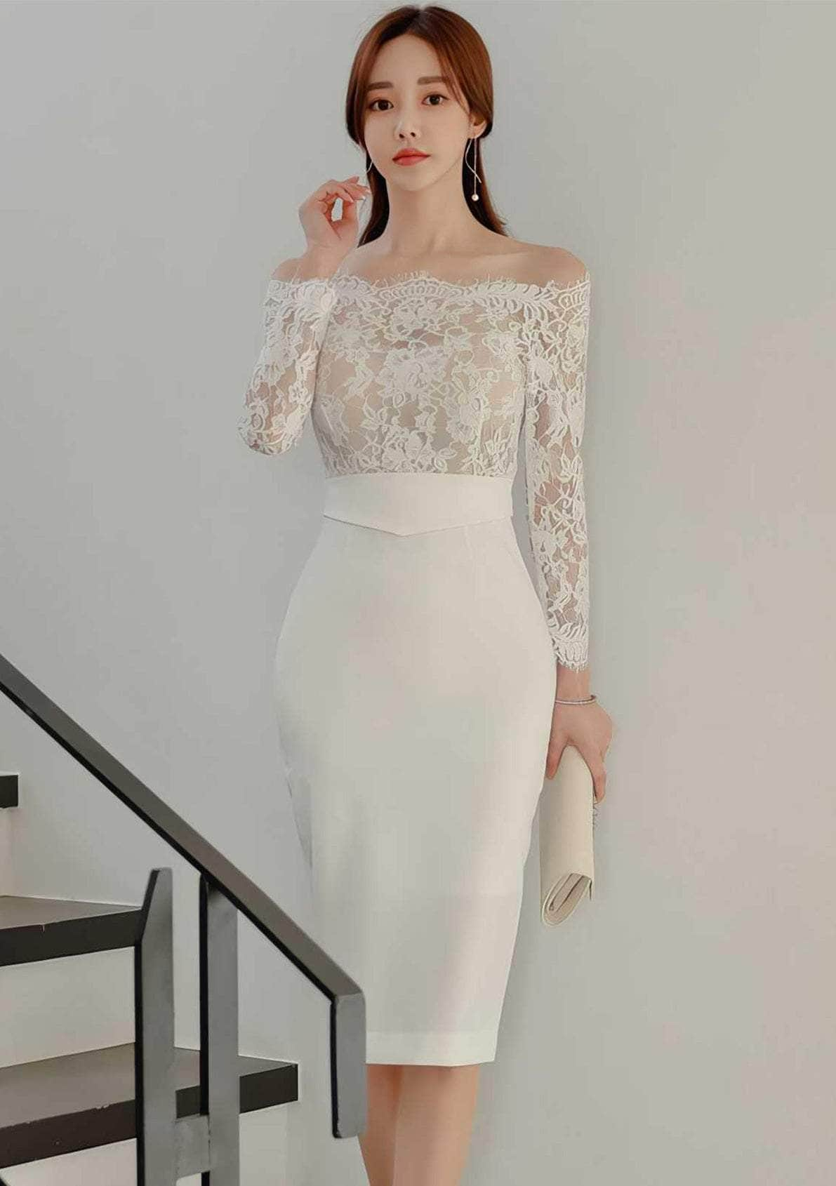 Off-shoulder Lace Long Sleeves Slim Fit Dress S / White