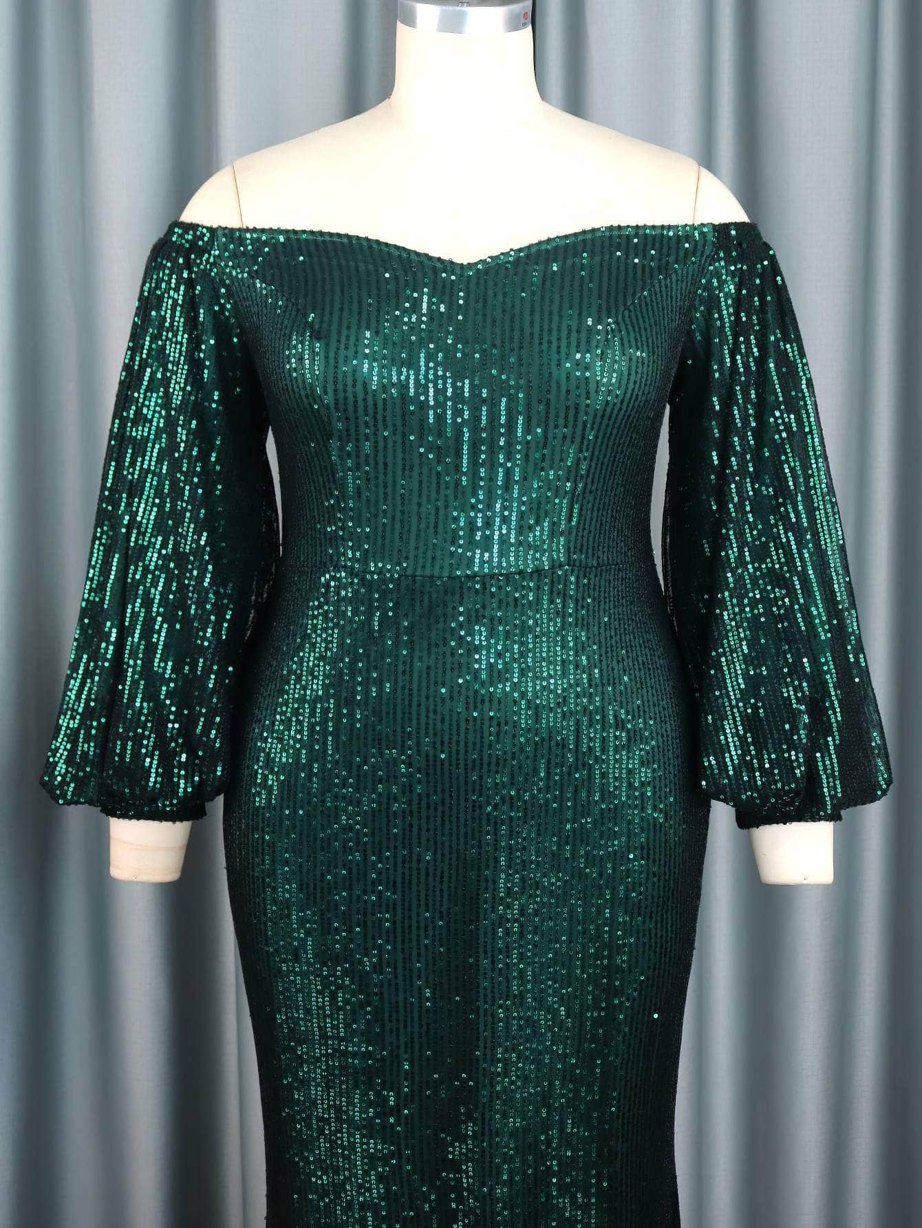 Off-Shoulder Lantern Sleeved Mermaid Sequin Dress