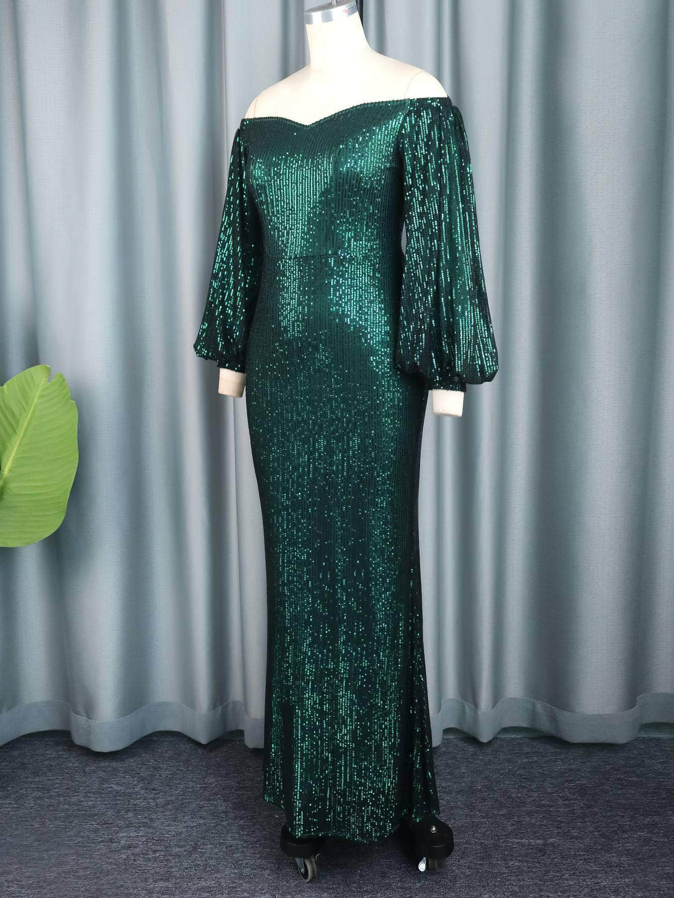 Off-Shoulder Lantern Sleeved Mermaid Sequin Dress