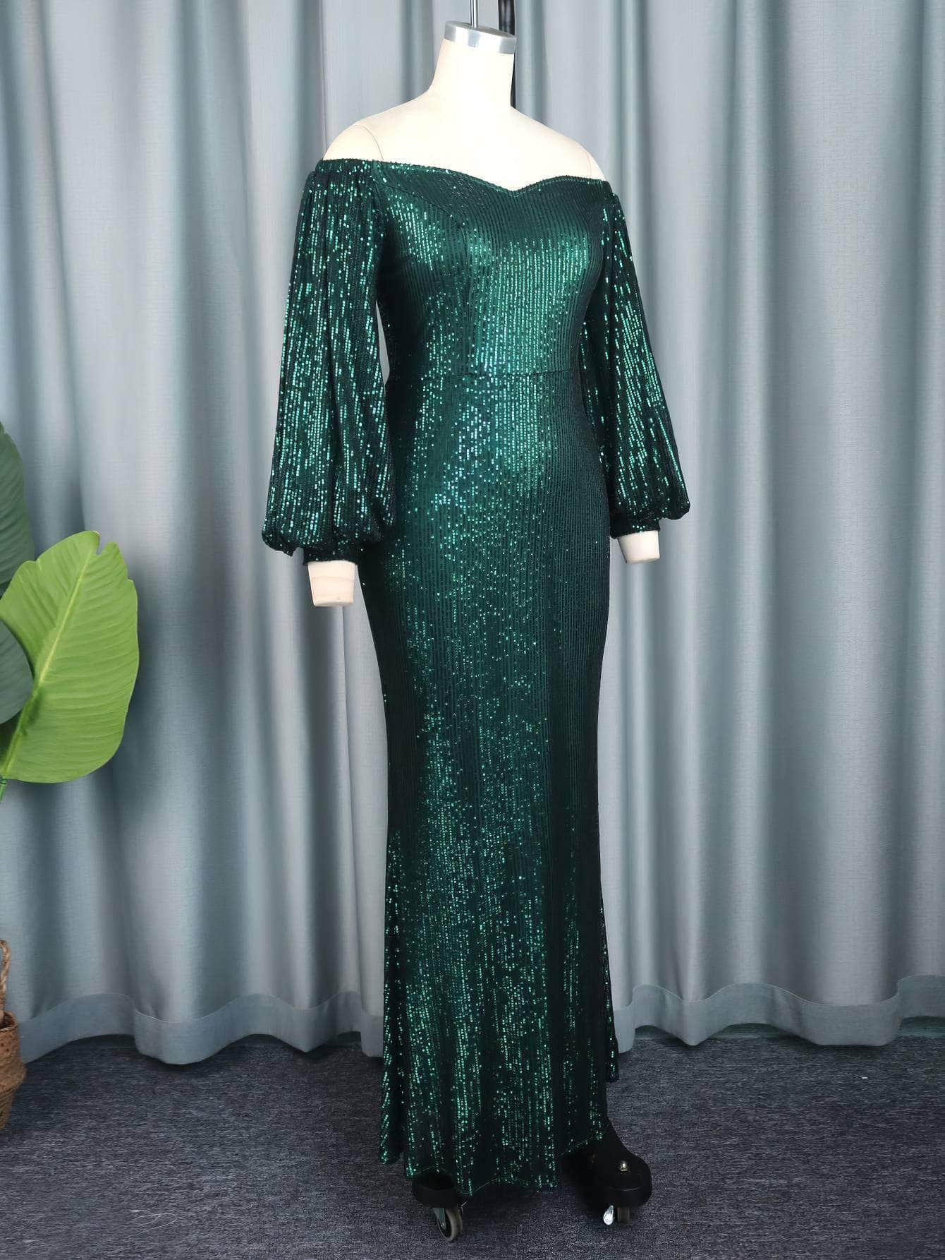 Off-Shoulder Lantern Sleeved Mermaid Sequin Dress