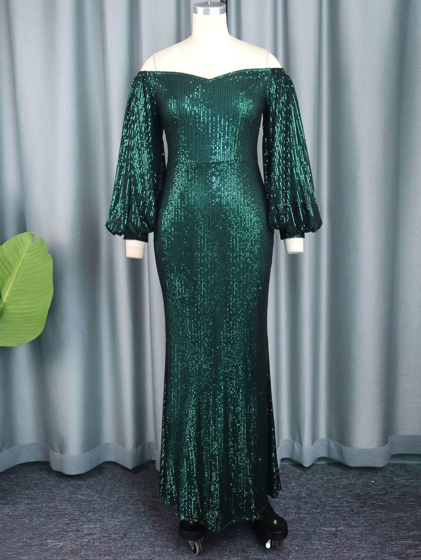 Off-Shoulder Lantern Sleeved Mermaid Sequin Dress