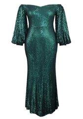 Off-Shoulder Lantern Sleeved Mermaid Sequin Dress