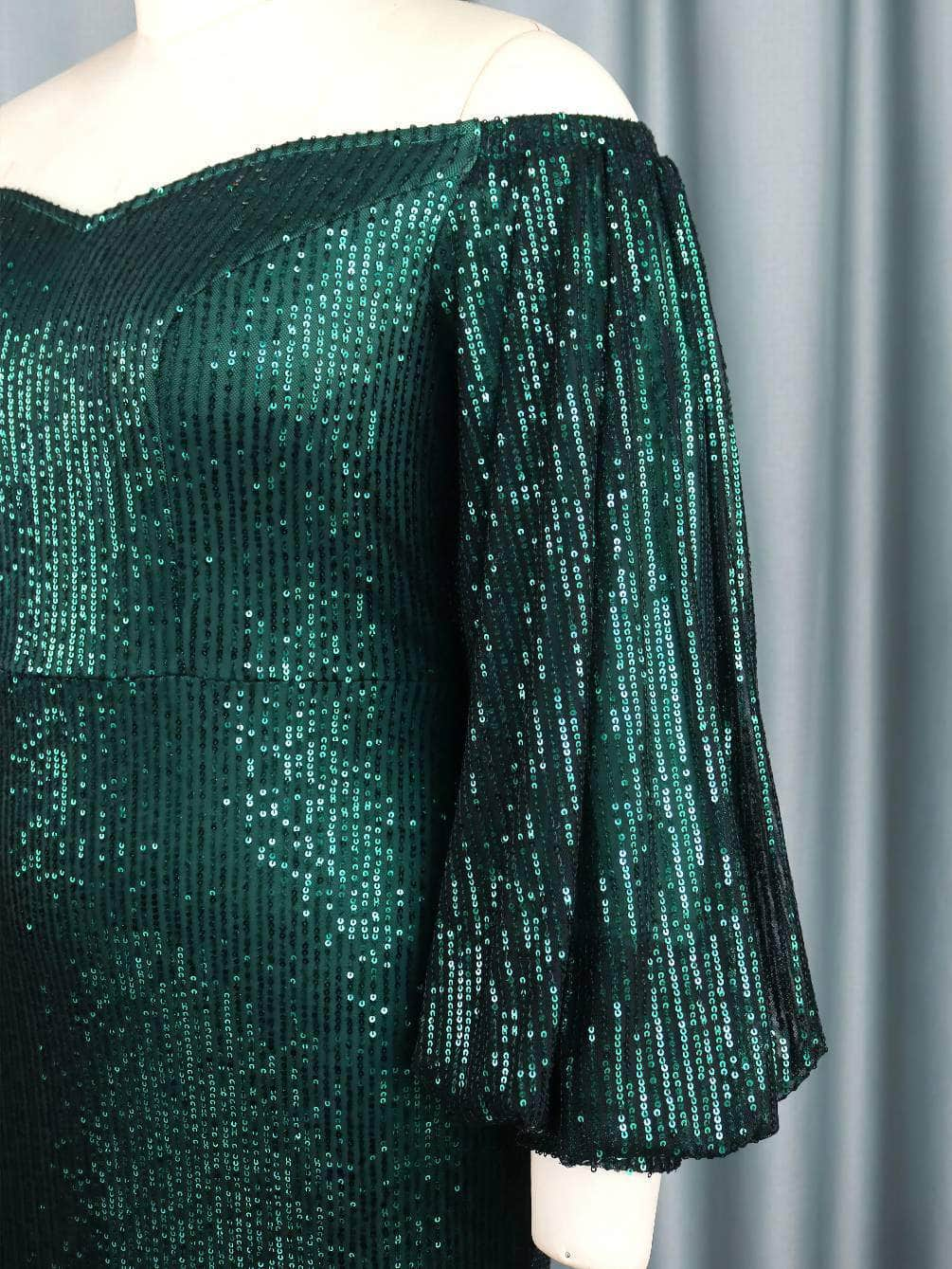 Off-Shoulder Lantern Sleeved Mermaid Sequin Dress