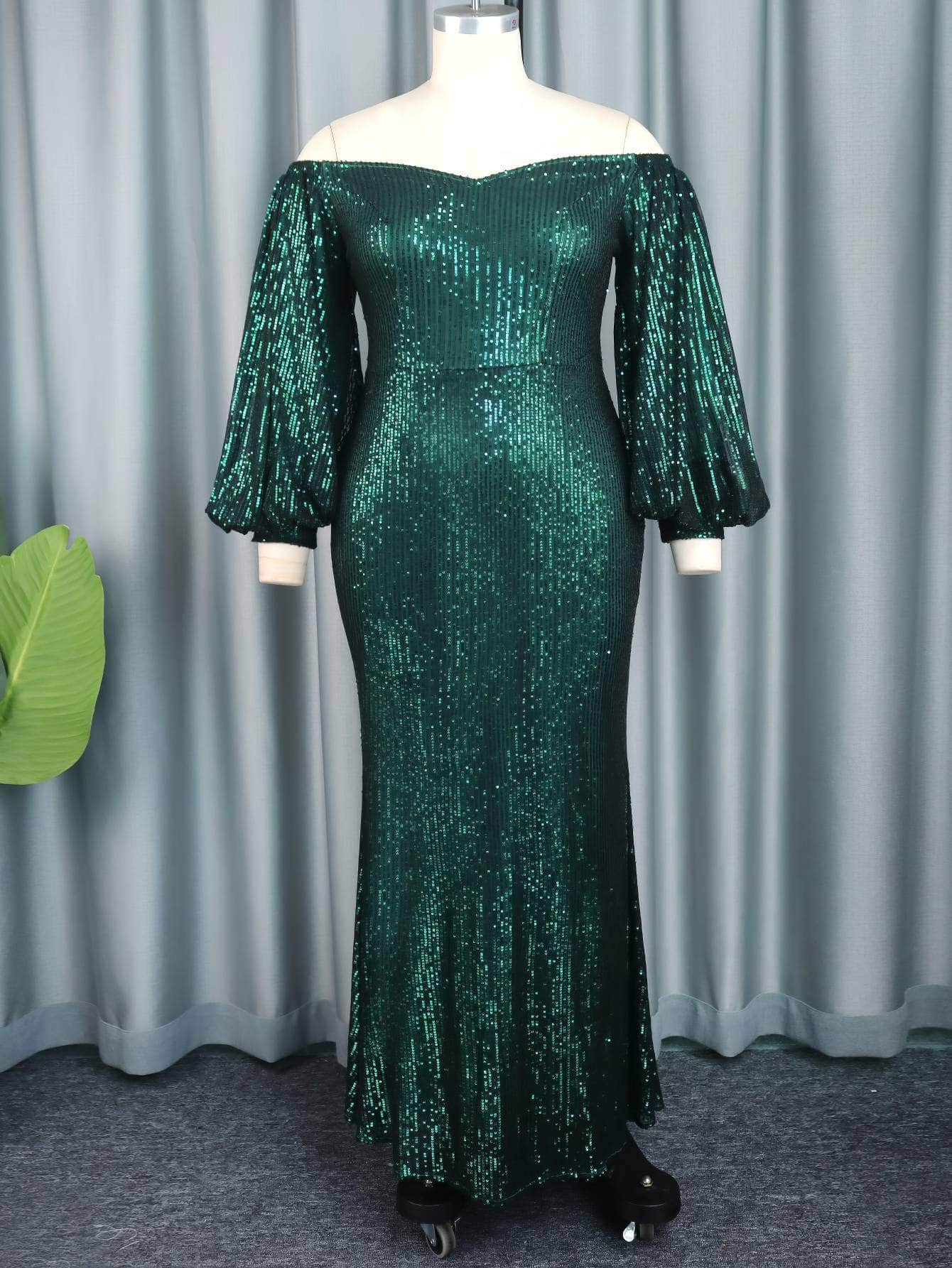 Off-Shoulder Lantern Sleeved Mermaid Sequin Dress