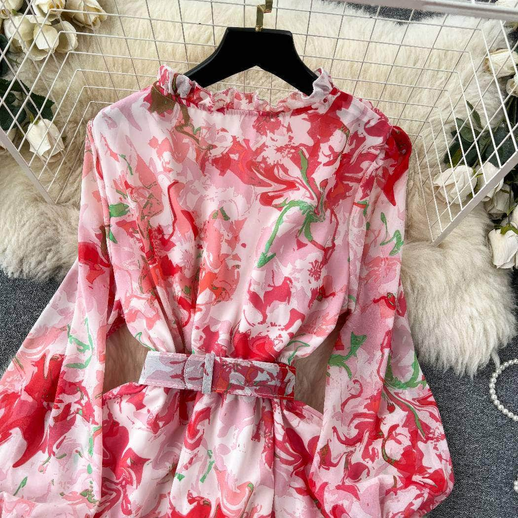 Off-shoulder Lantern Sleeves Layered Hem Floral Print Dress