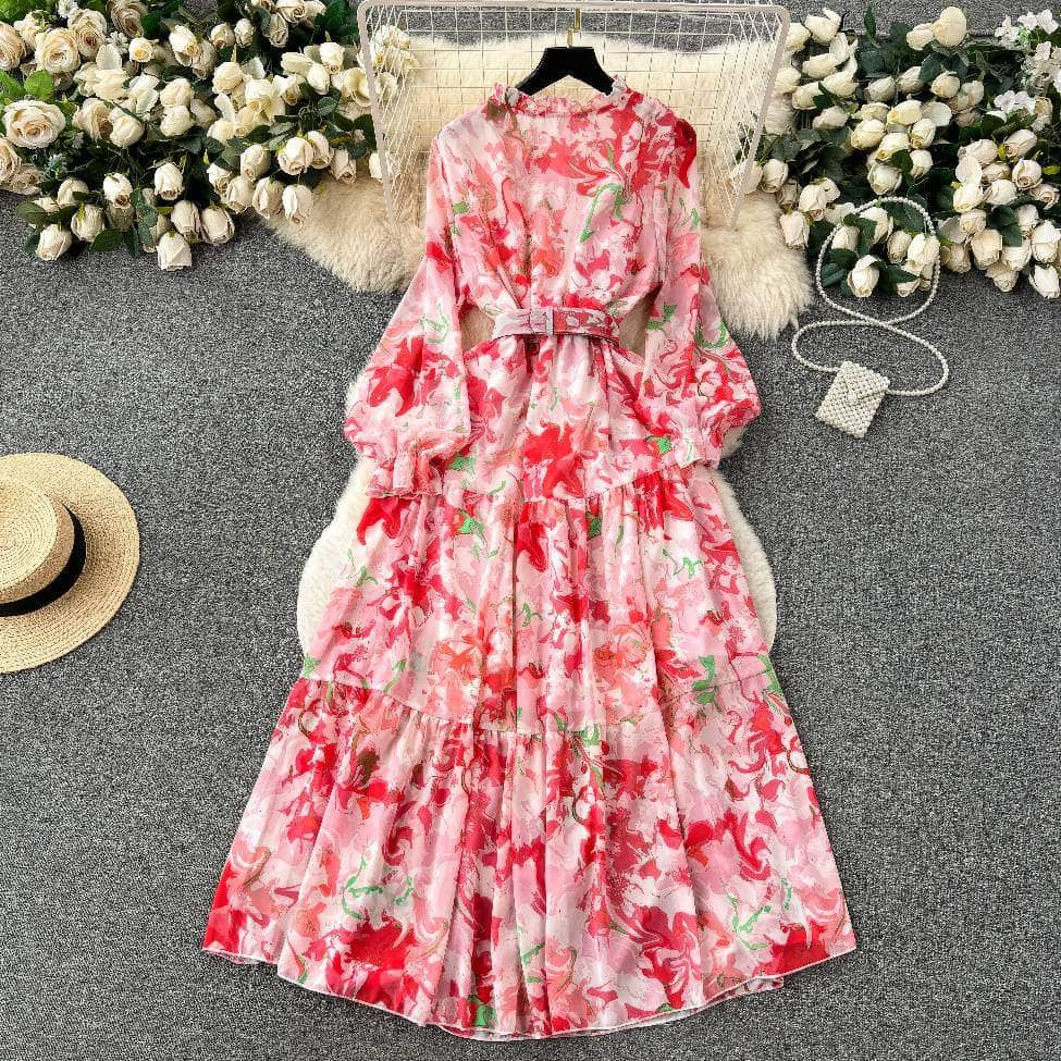 Off-shoulder Lantern Sleeves Layered Hem Floral Print Dress