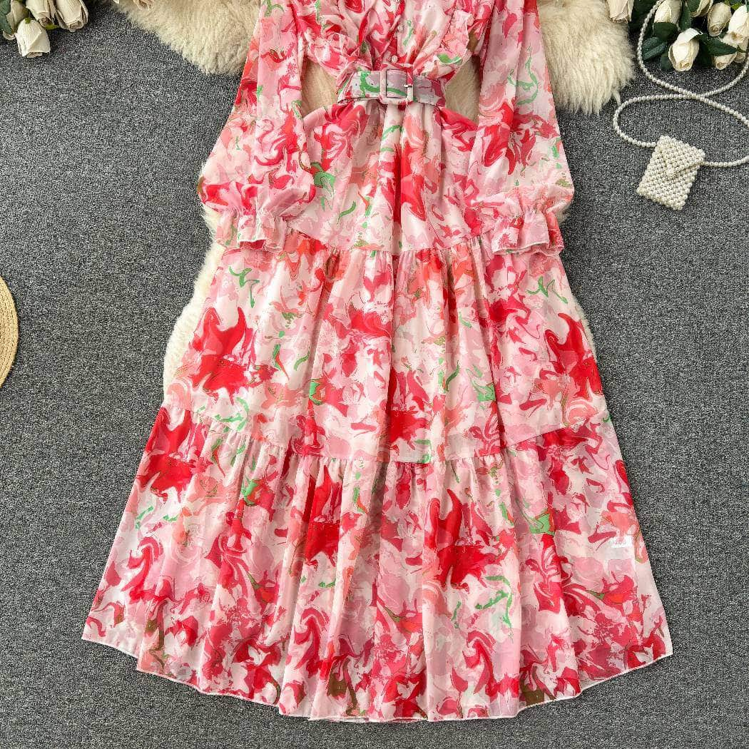 Off-shoulder Lantern Sleeves Layered Hem Floral Print Dress