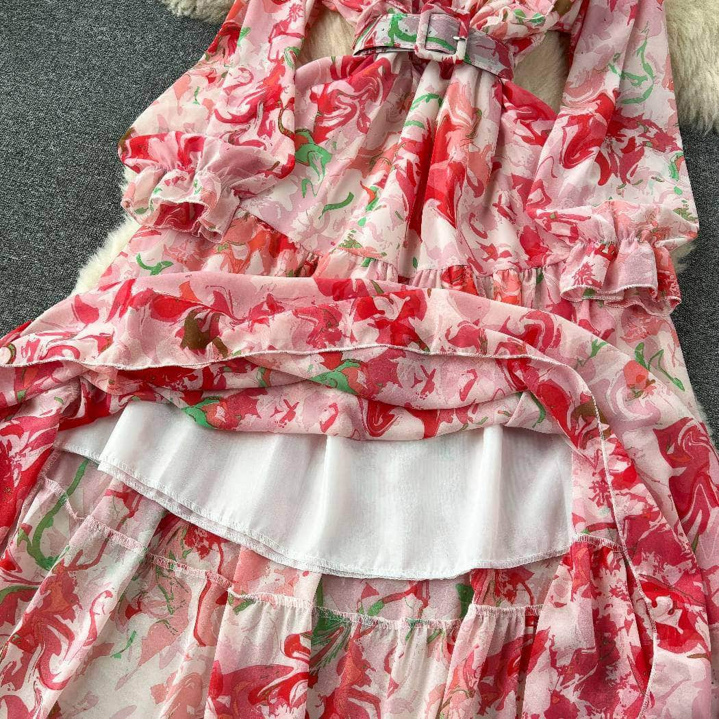 Off-shoulder Lantern Sleeves Layered Hem Floral Print Dress