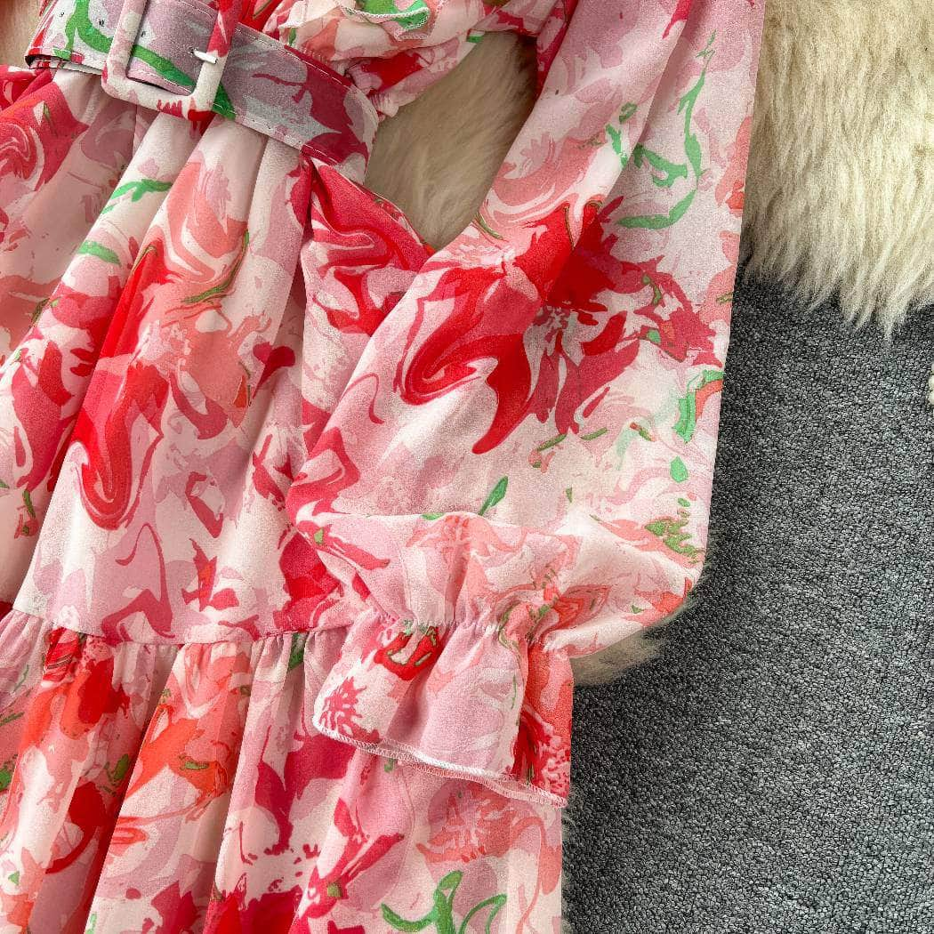 Off-shoulder Lantern Sleeves Layered Hem Floral Print Dress