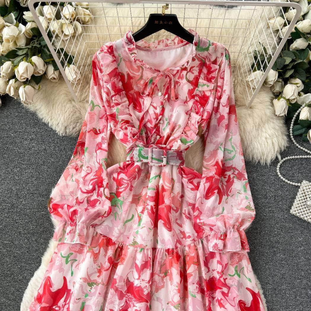 Off-shoulder Lantern Sleeves Layered Hem Floral Print Dress