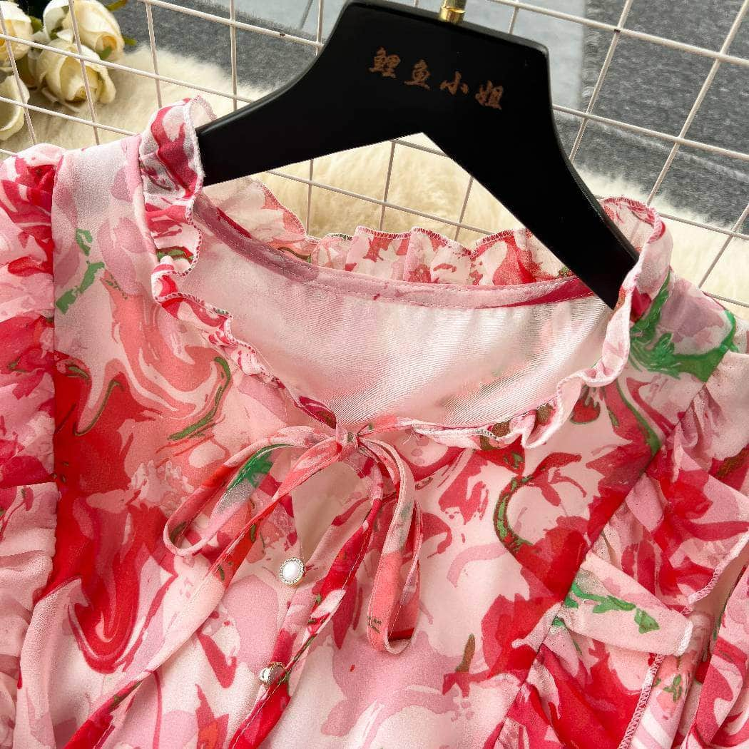 Off-shoulder Lantern Sleeves Layered Hem Floral Print Dress