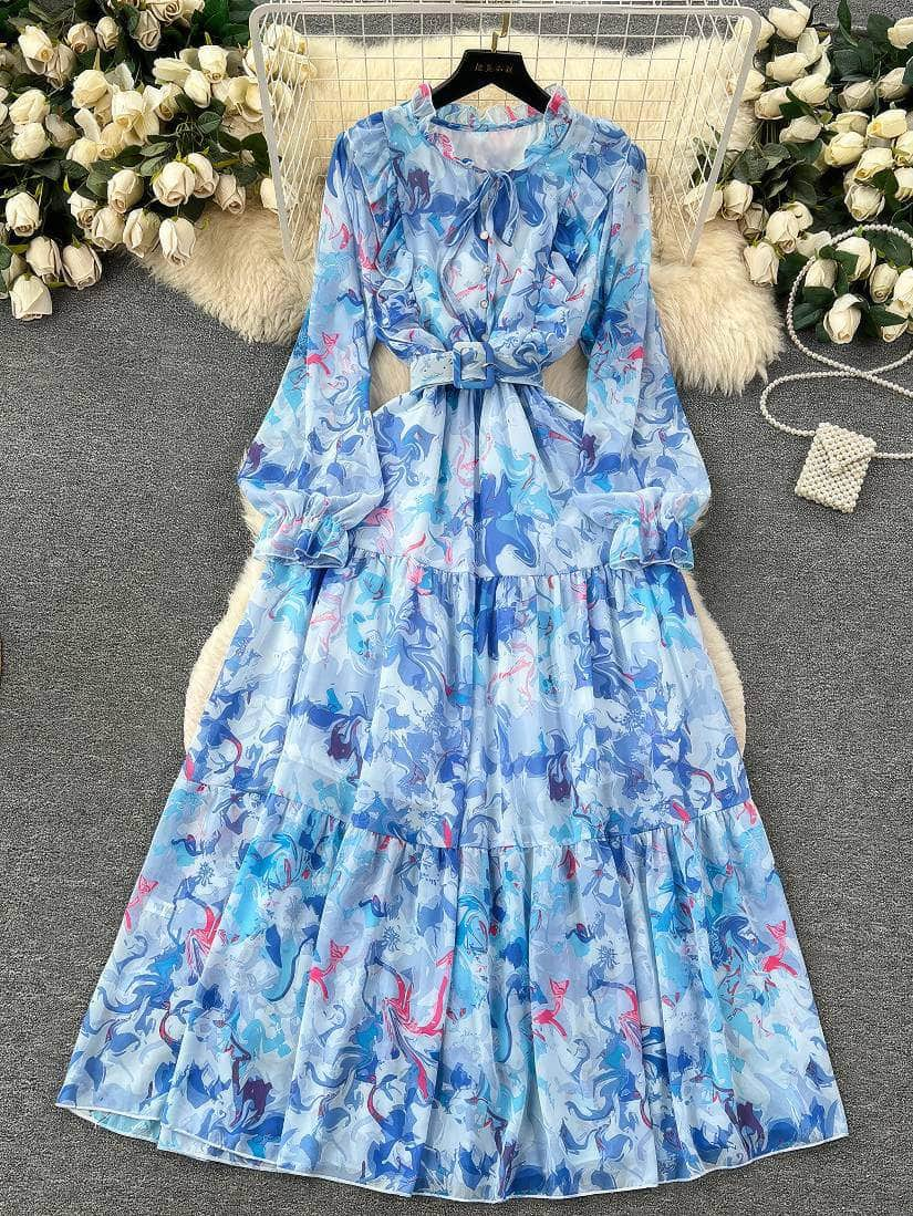 Off-shoulder Lantern Sleeves Layered Hem Floral Print Dress MAX SIZE / Blue