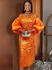 Off-Shoulder Lantern Sleeves Sequin Midi Dress US 4-6 / Orange