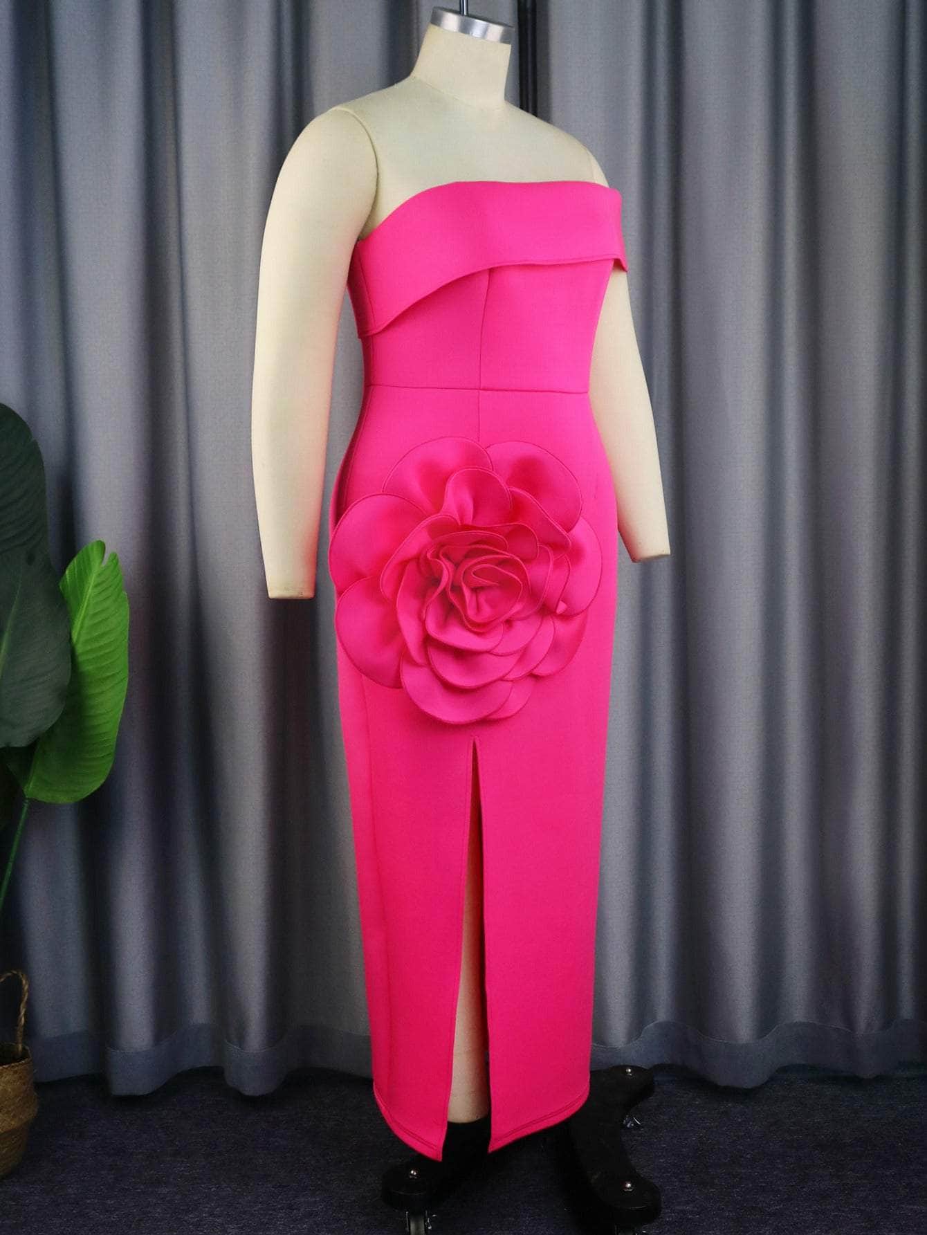 Off-Shoulder Large Rose Detailed High Slit Dress