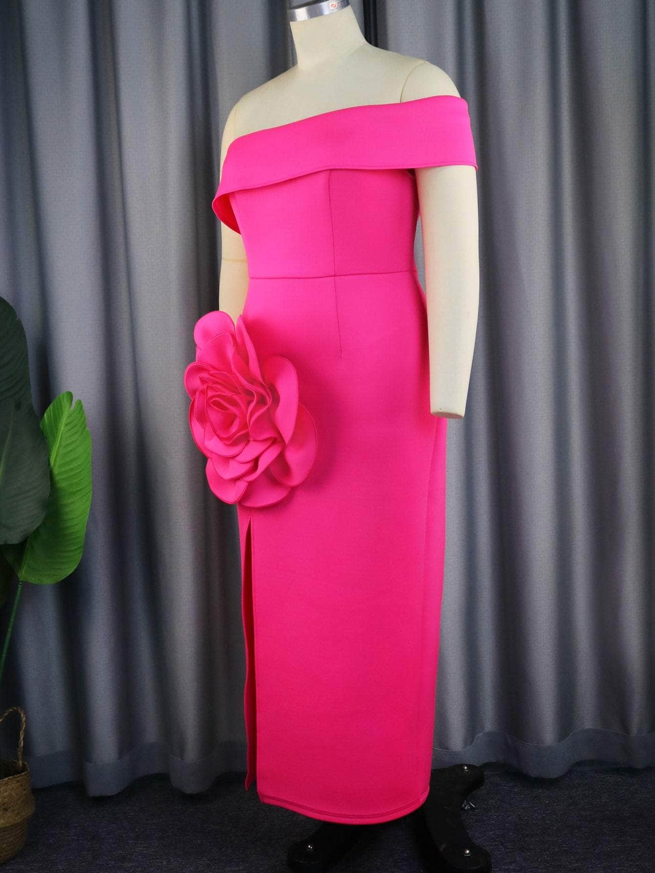 Off-Shoulder Large Rose Detailed High Slit Dress