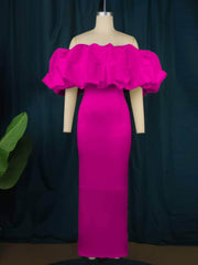 Off-Shoulder Large Ruffles Column Dress US 4-6 / DeepPink