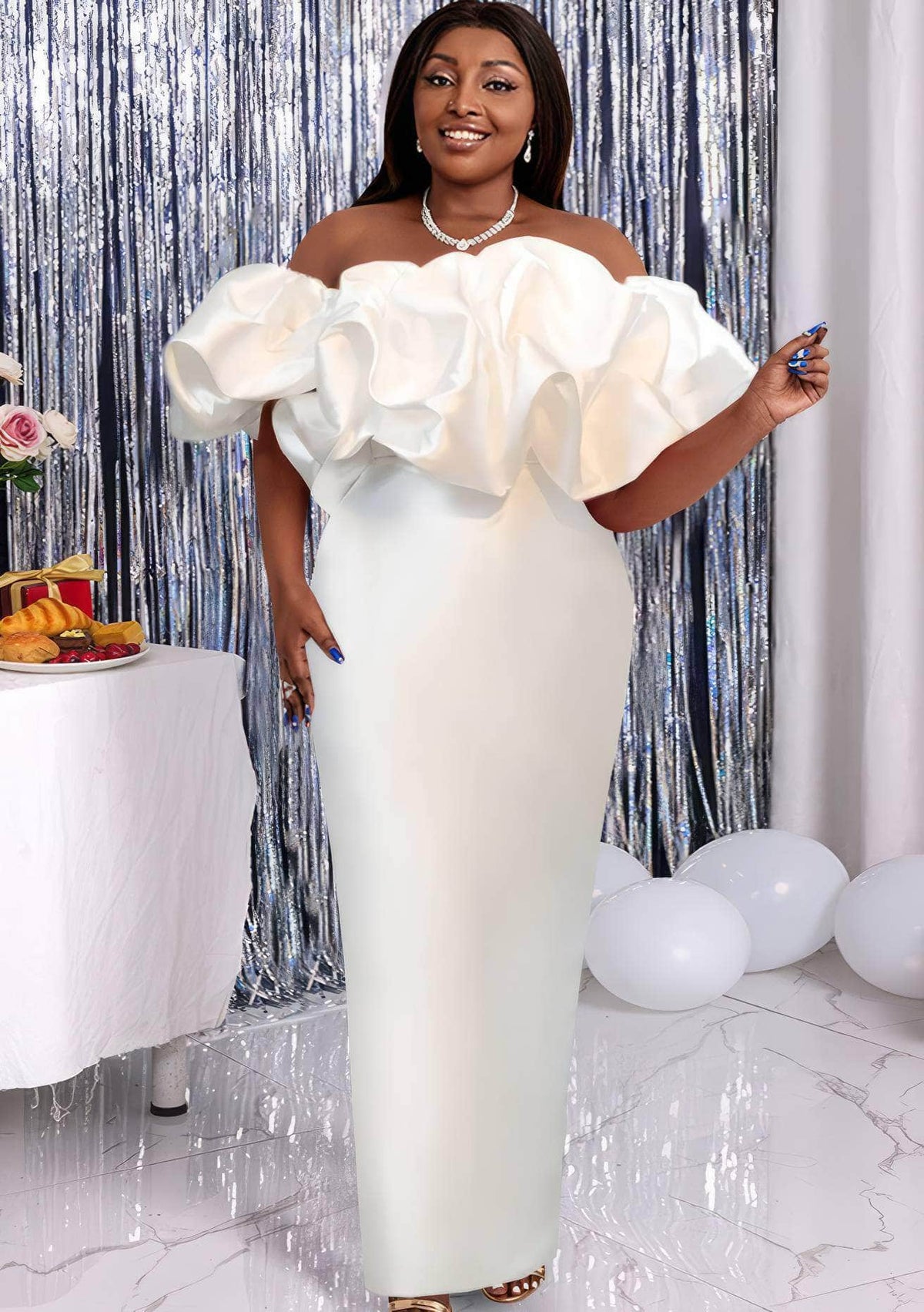 Off-Shoulder Large Ruffles Column Dress US 4-6 / White