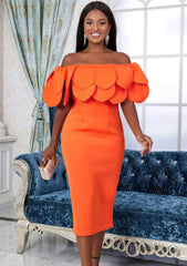 Off-Shoulder Layer Ruffled Detailed Scuba Dress US 4-6 / Orange
