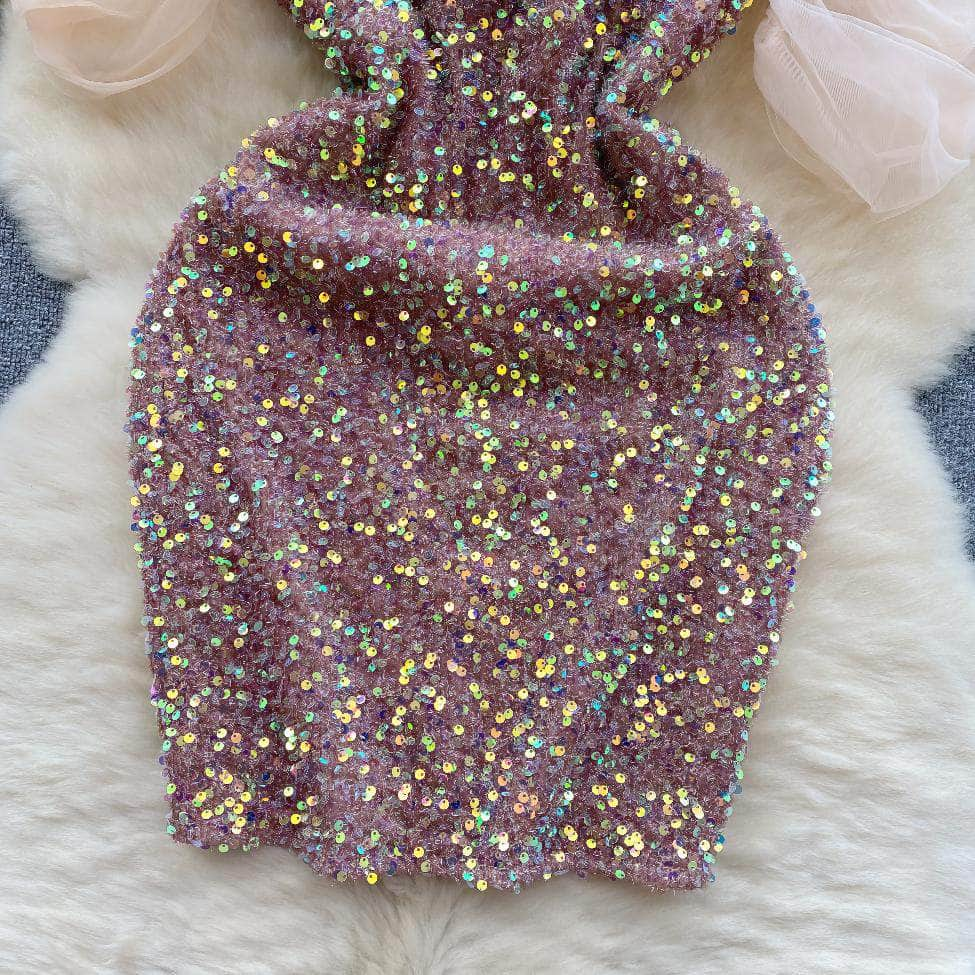 Off-Shoulder Mesh Accented Sequin Mini Party Dress