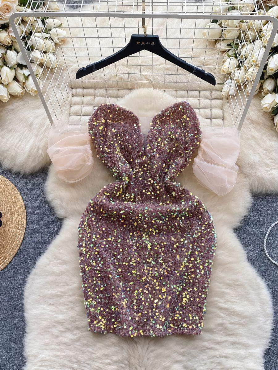 Off-Shoulder Mesh Accented Sequin Mini Party Dress S / Tan