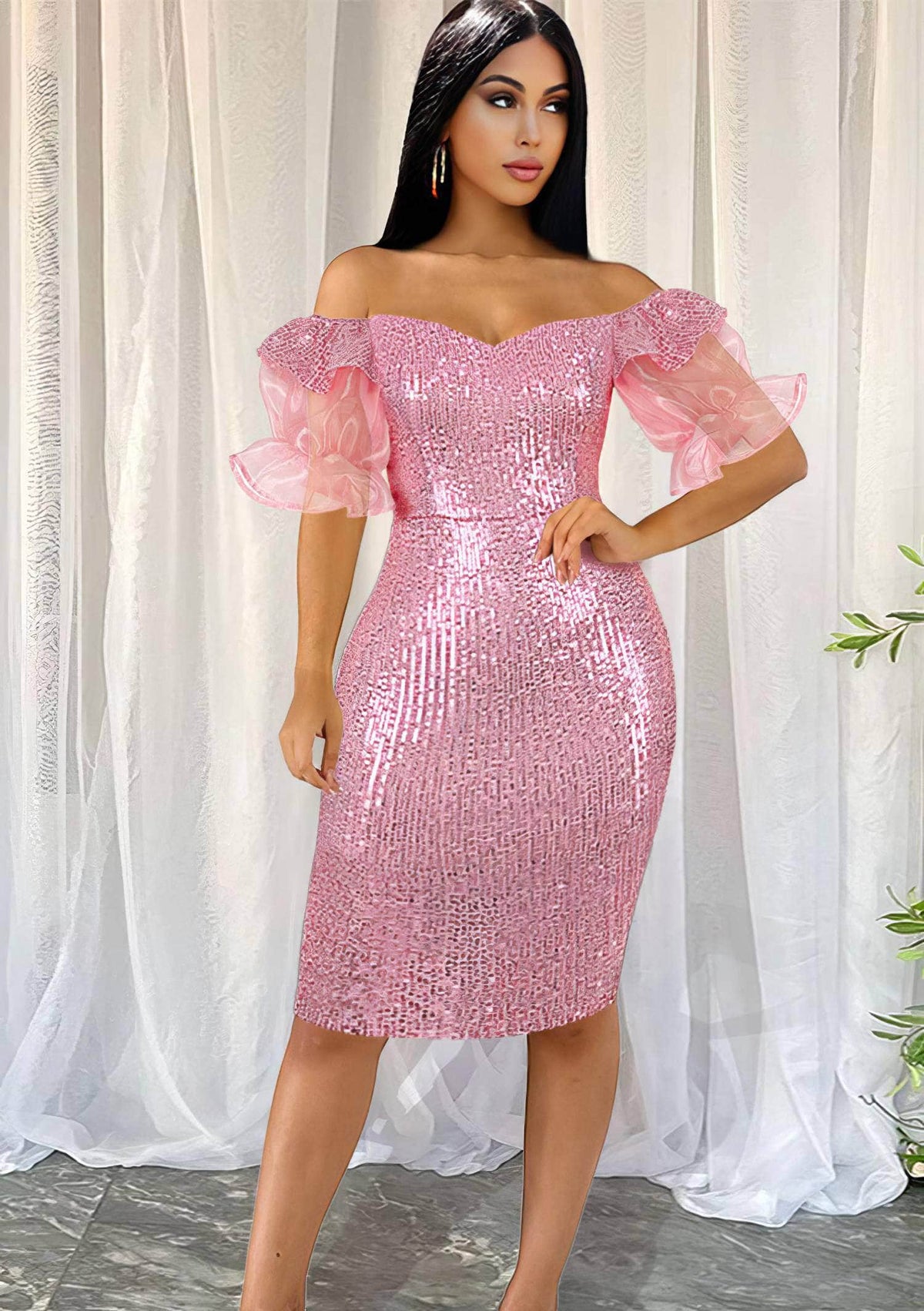 Off Shoulder Mesh Ruffled Sleeves Sequin Dress US 4-6 / Pink