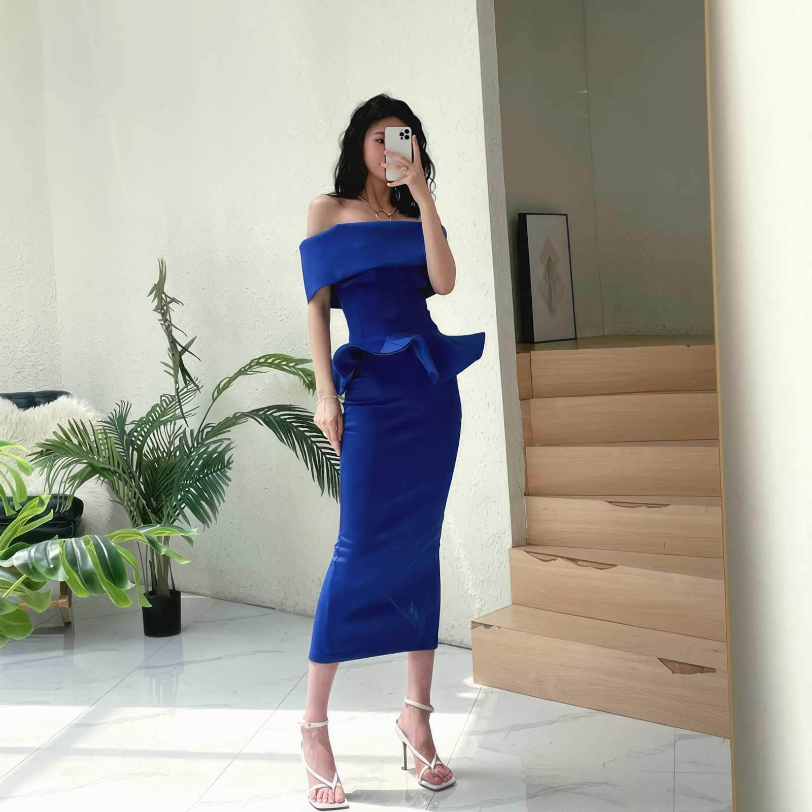 Off-Shoulder Peplum Bodycon Dress S / Navy