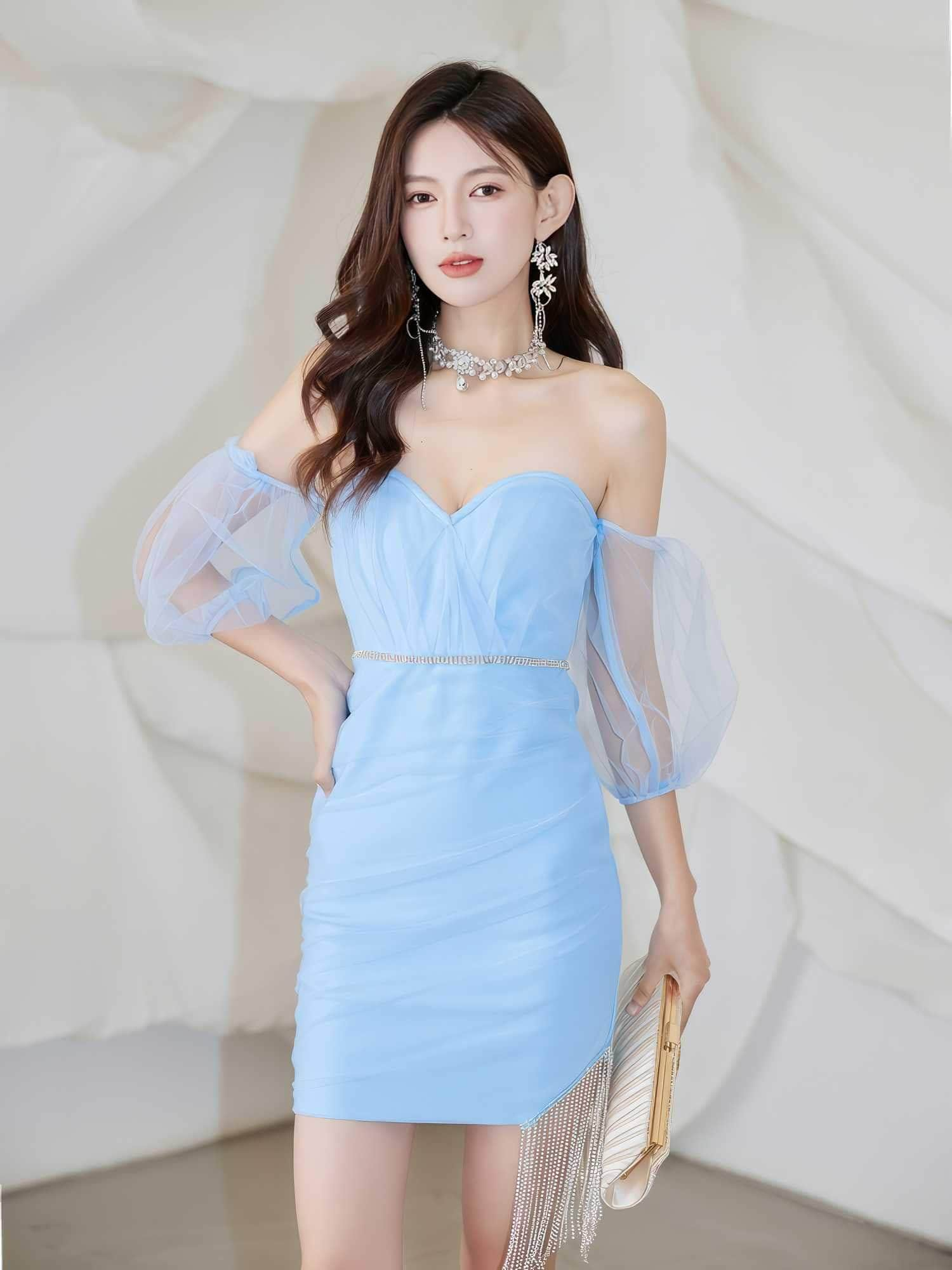 Off-Shoulder Puff Sleeve Diamond Tassel Mini Dress S / DeepSkyBlue