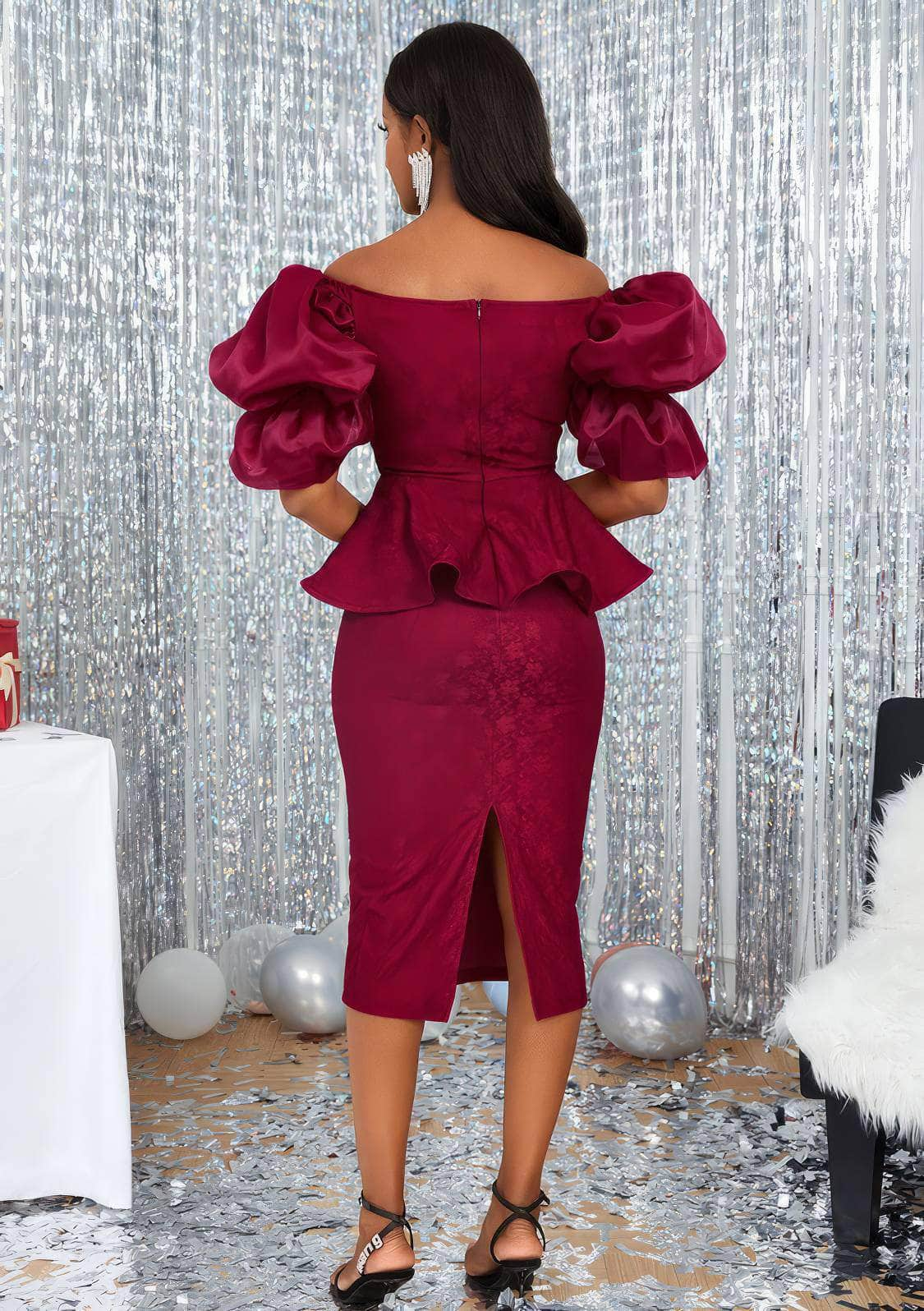 Off-Shoulder Puff Sleeves Lace Peplum Dress