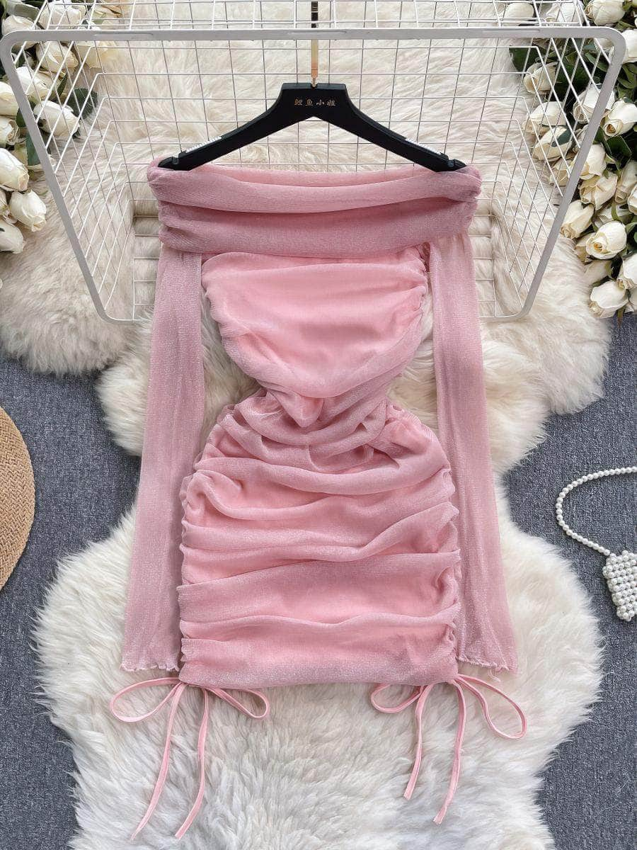 Off-shoulder Ruched Long Sleeves Drawstring Sheath Bodycon Dress MAX SIZE / Pink