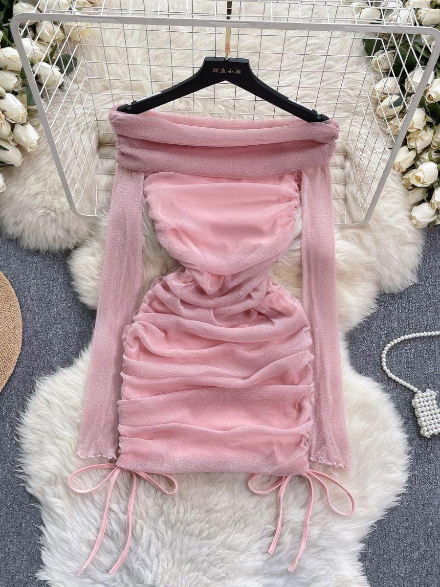 Off-shoulder Ruched Long Sleeves Drawstring Sheath Bodycon Dress MAX SIZE / Pink