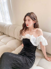 Off-Shoulder Ruffled Flounce Sequin Dress