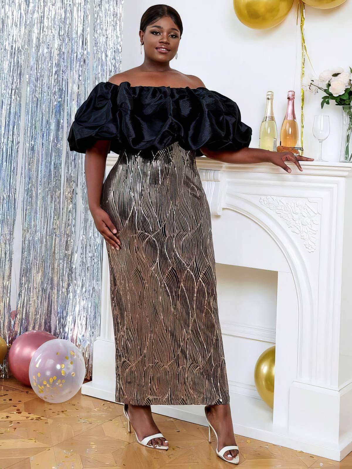 Off-Shoulder Ruffled Sequin Slim Fit Dress