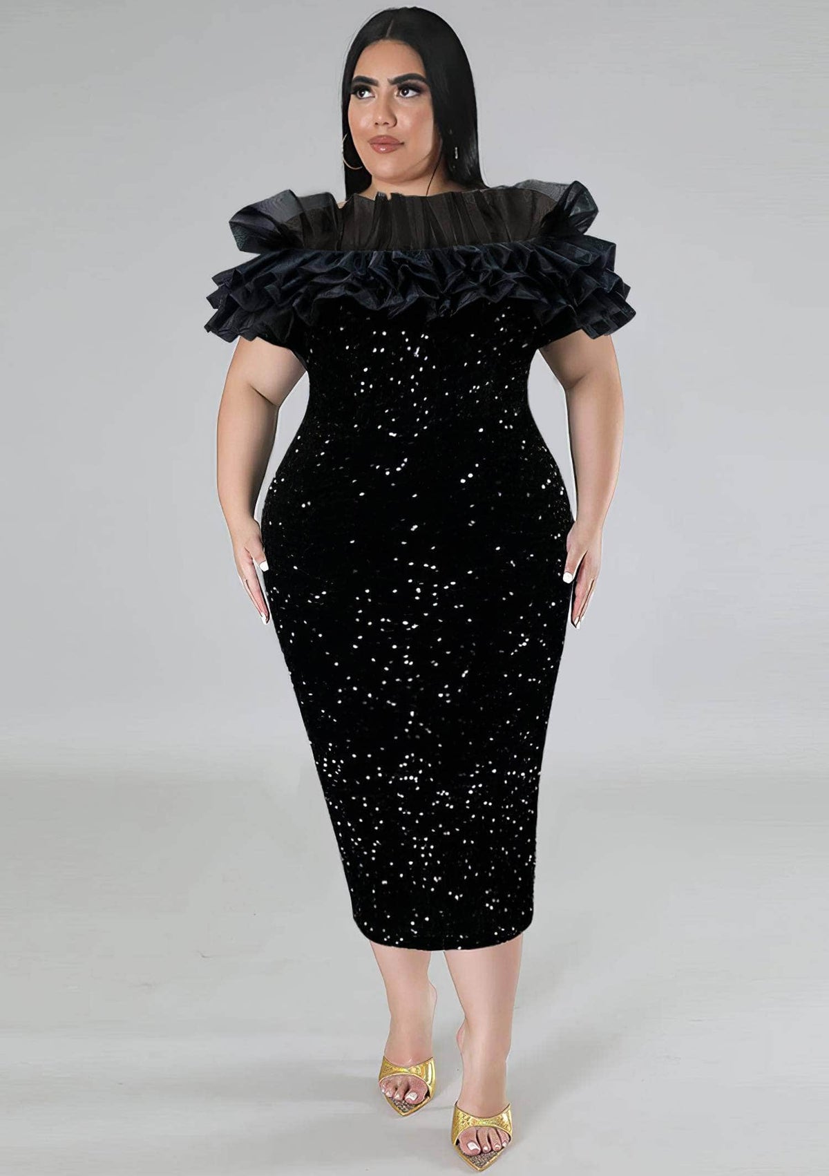 Off-Shoulder Ruffled Tulle Sequin Midi Dress US 4-6 / Black