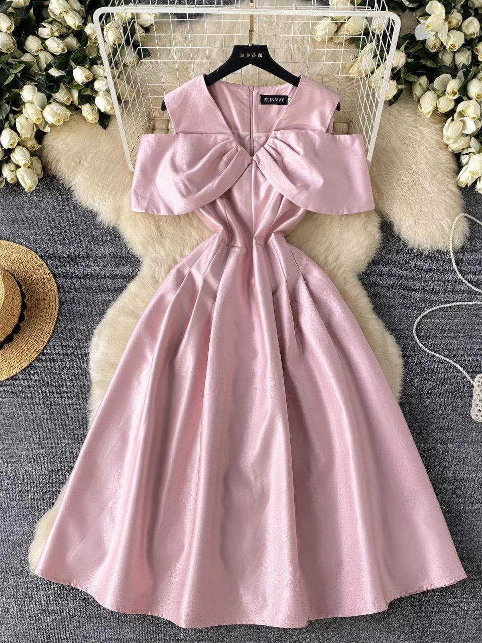 Off Shoulder Satin Aline V Neck Prom Cocktail Dress S / Pink