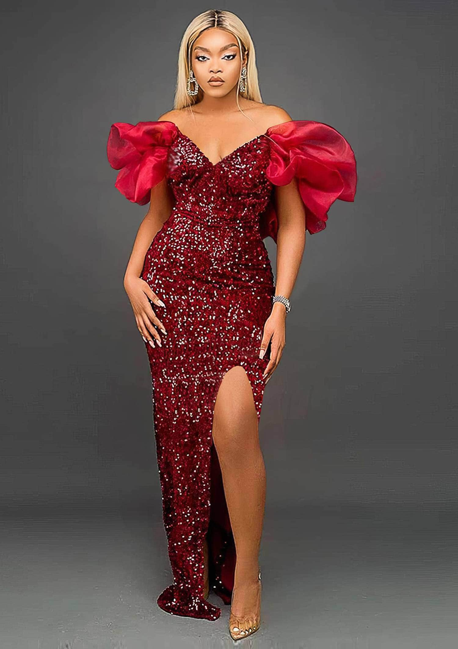 Off Shoulder Sequin Draped Side Slit Maxi Dress US 4-6 / DarkRed