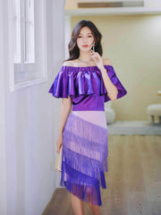 Off-Shoulder Two-Piece set High Waist Fringe Pencil Skirt S / Purple