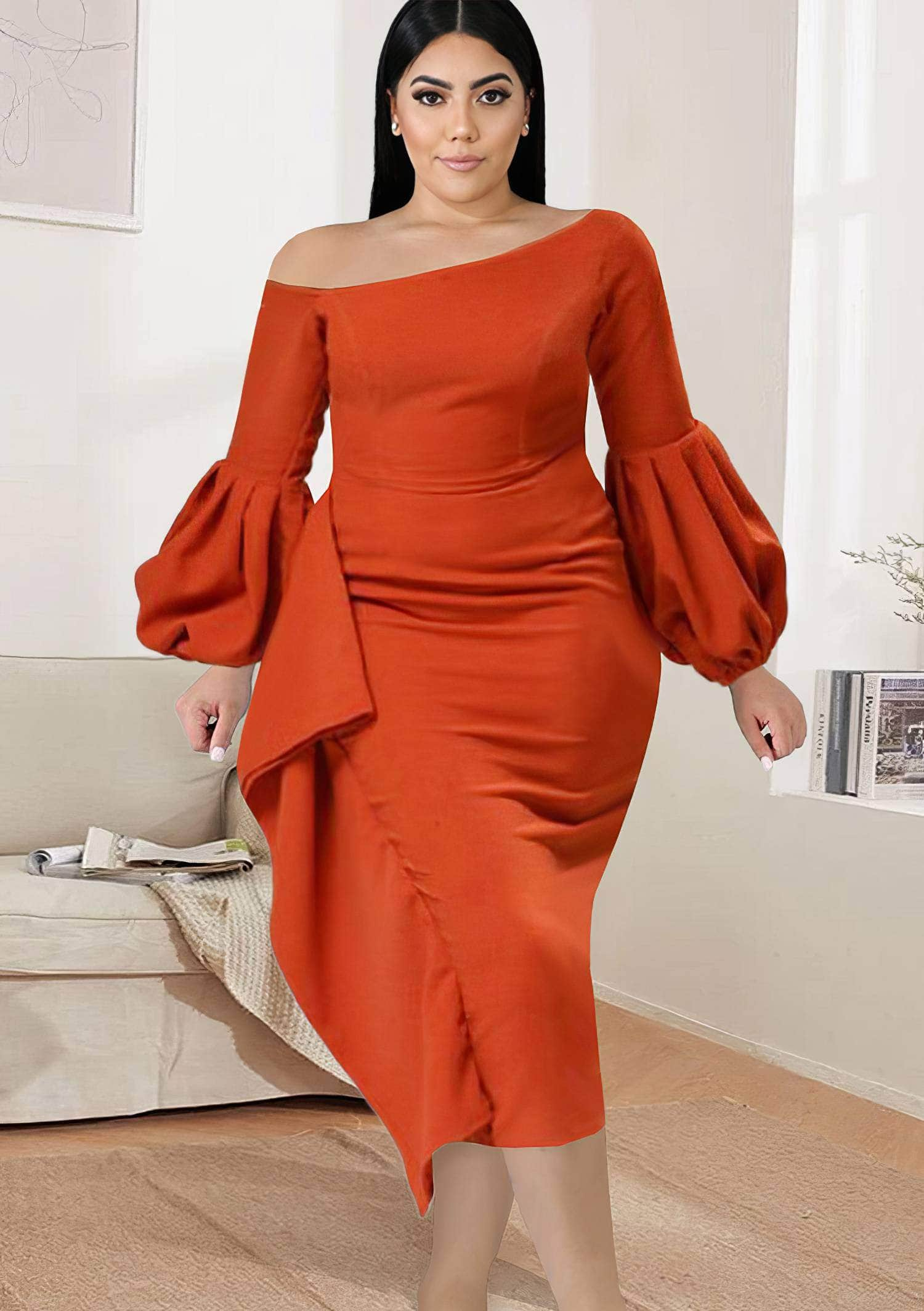 Offshoulder Lantern Sleeves Side Ruffle Dress US 4-6 / OrangeRed