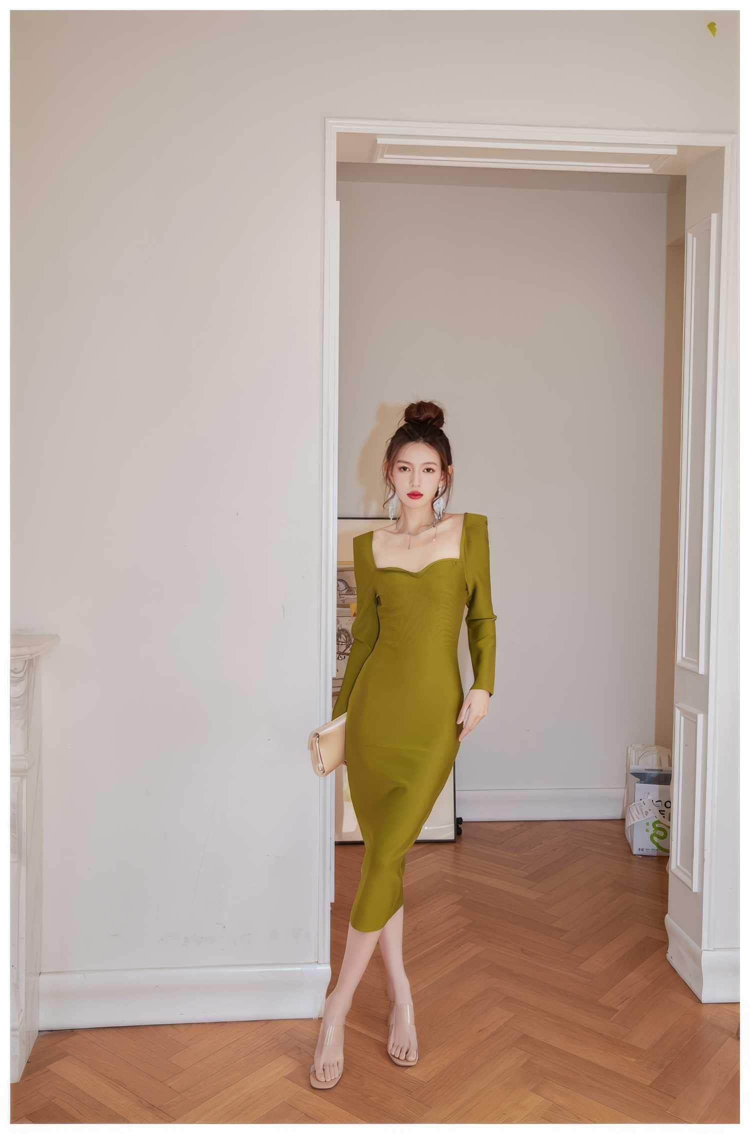 Olive Ribbed Hem Midi Dress