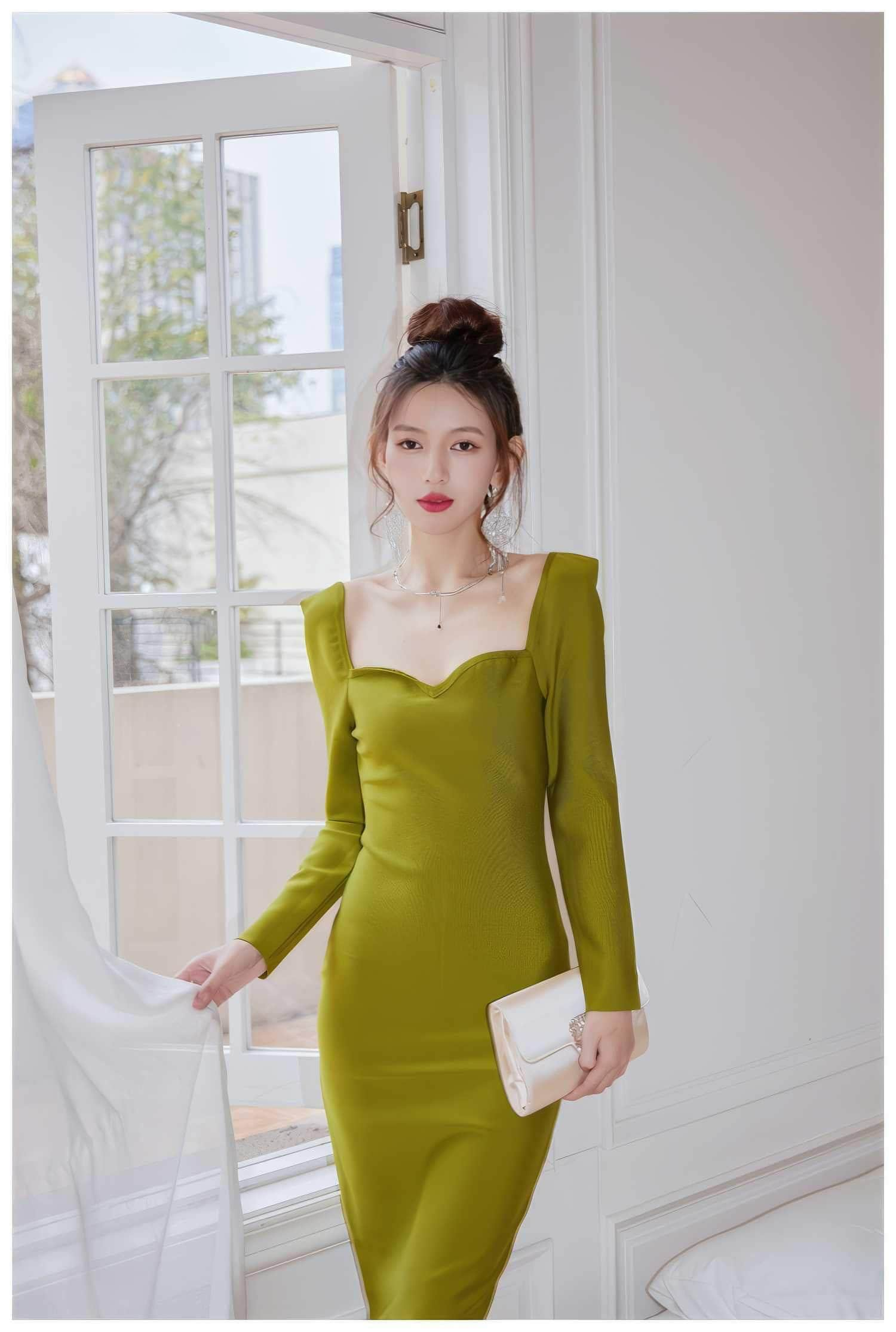 Olive Ribbed Hem Midi Dress