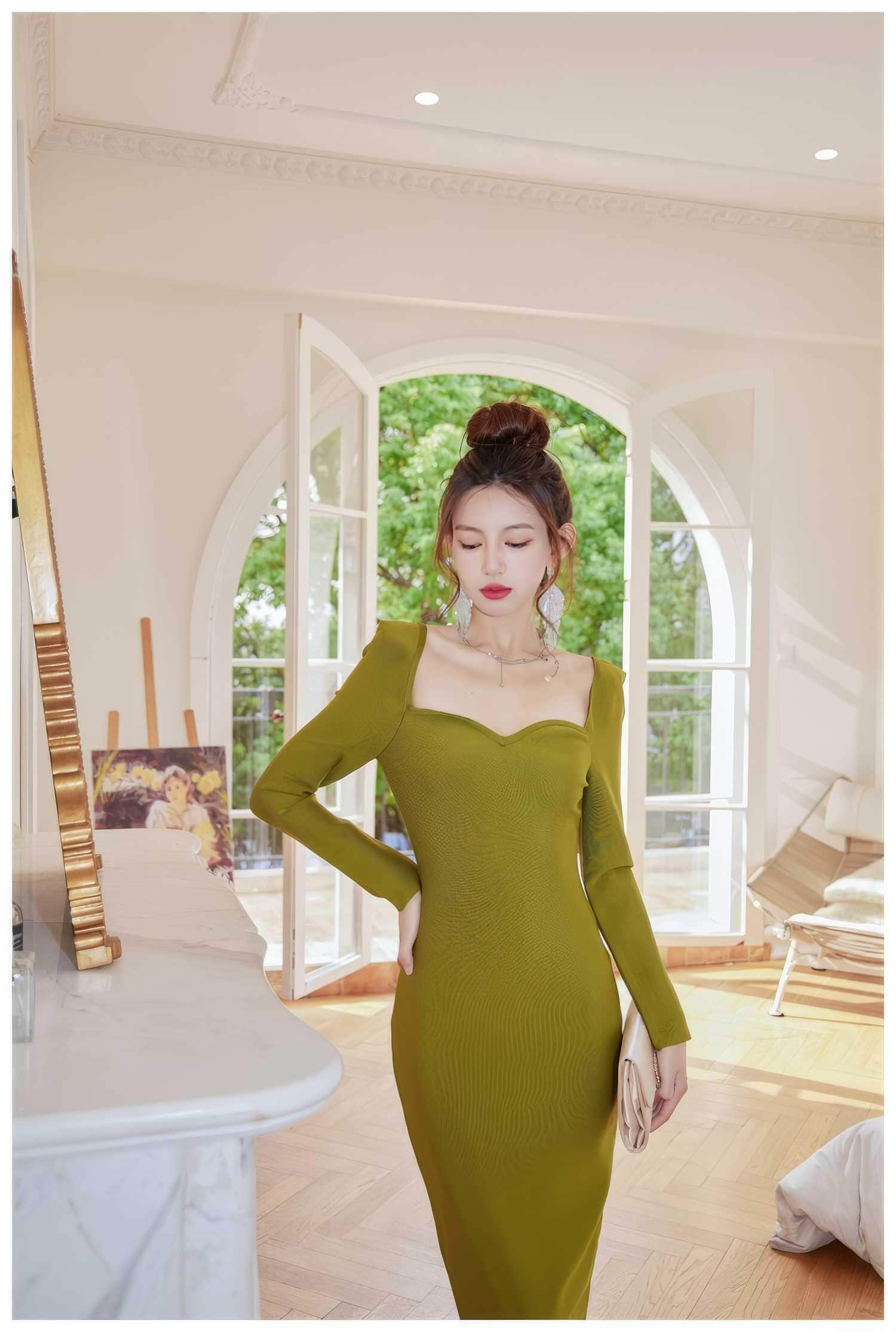 Olive Ribbed Hem Midi Dress