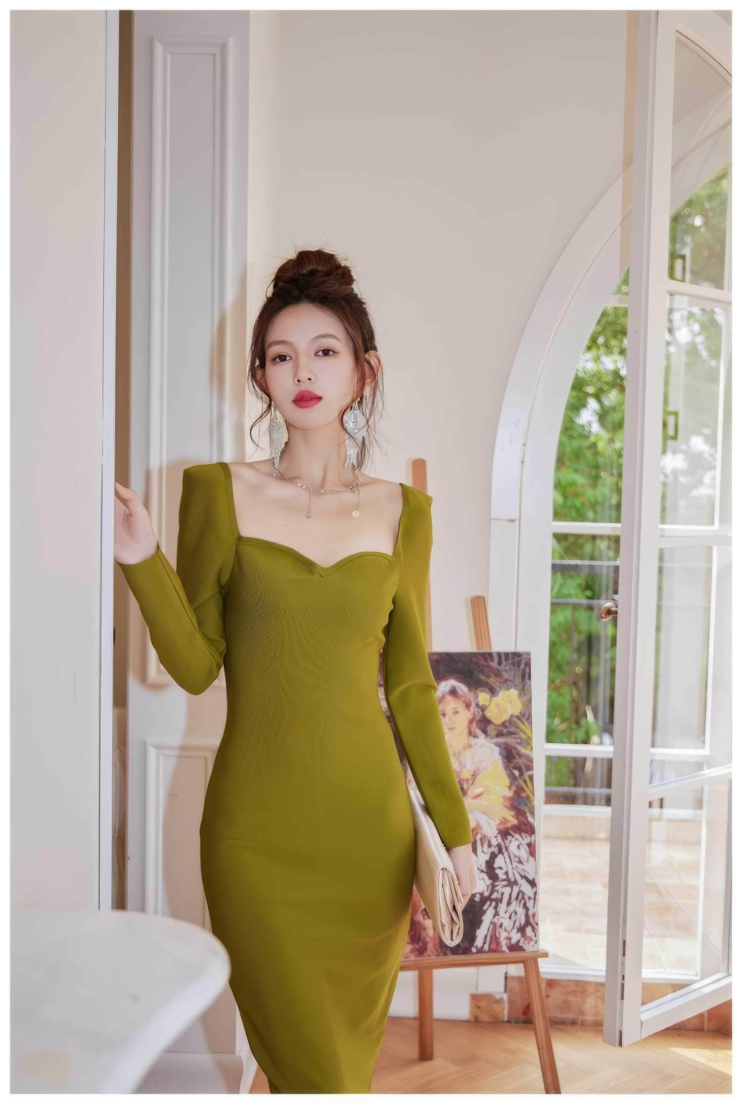 Olive Ribbed Hem Midi Dress