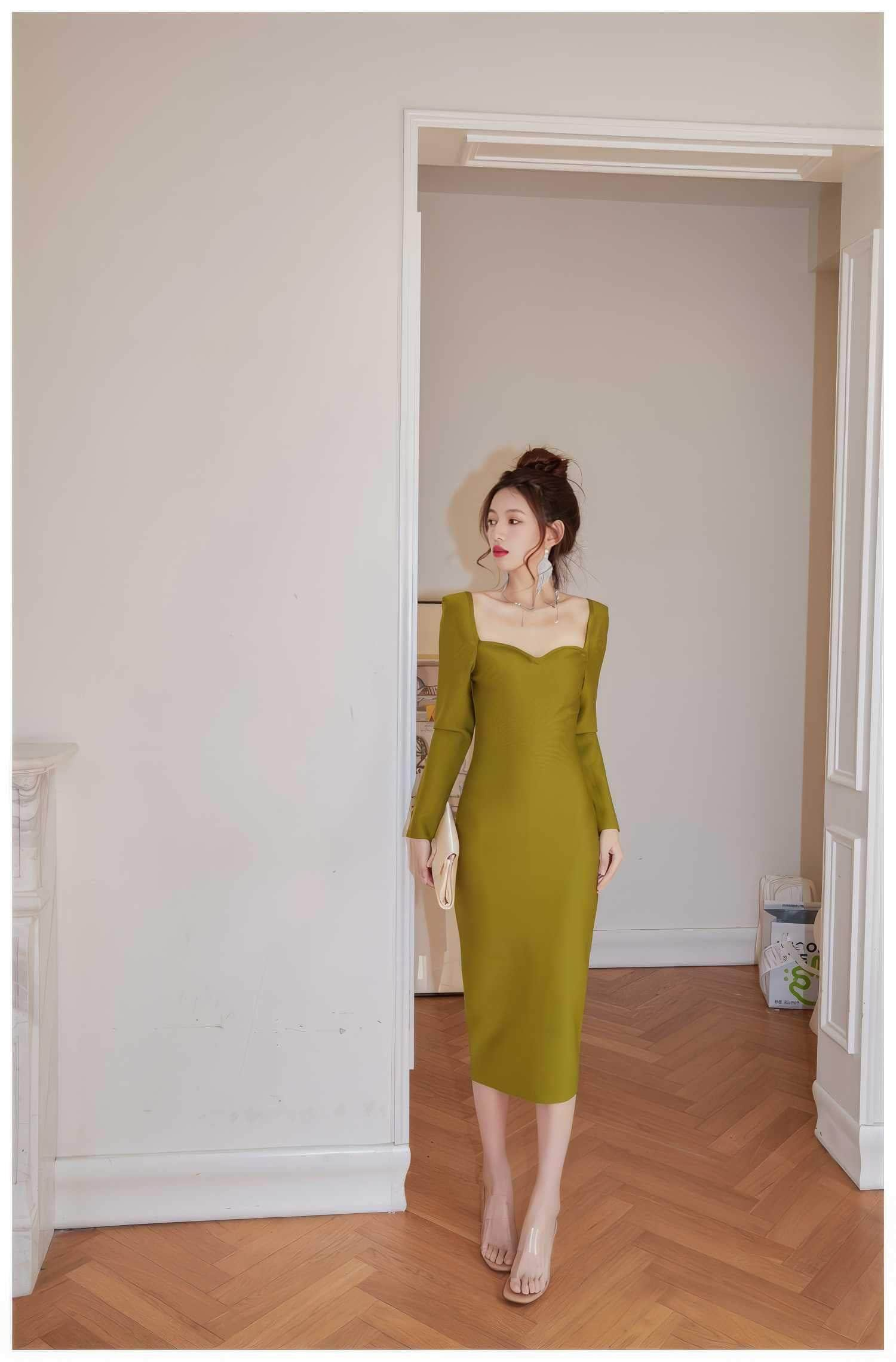 Olive Ribbed Hem Midi Dress