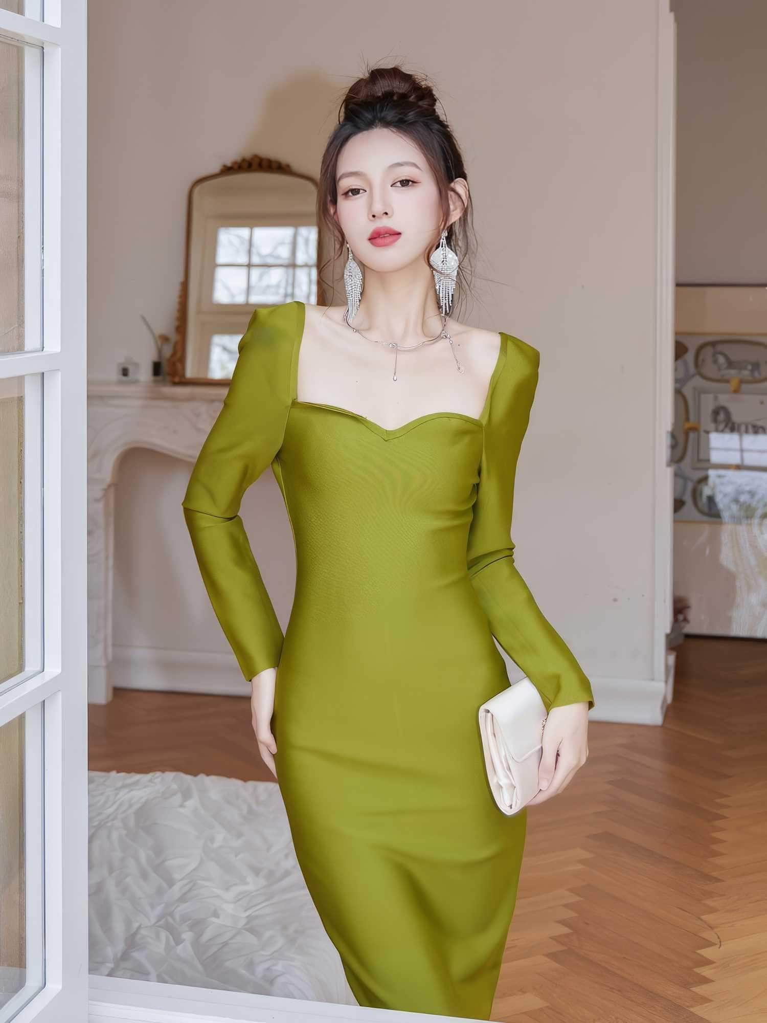 Olive Ribbed Hem Midi Dress